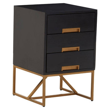 Orsina Kochi Black Mango Wood 3-Drawer Side Table with Gold Legs