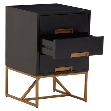 Orsina Kochi Black Mango Wood 3-Drawer Side Table with Gold Legs
