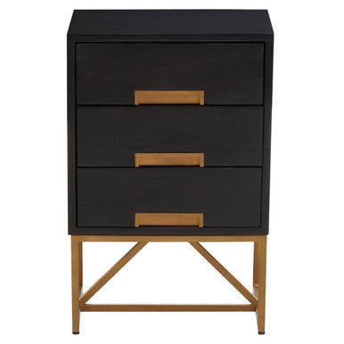 Orsina Kochi Black Mango Wood 3-Drawer Side Table with Gold Legs