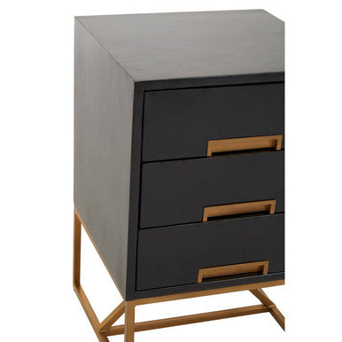 Orsina Kochi Black Mango Wood 3-Drawer Side Table with Gold Legs