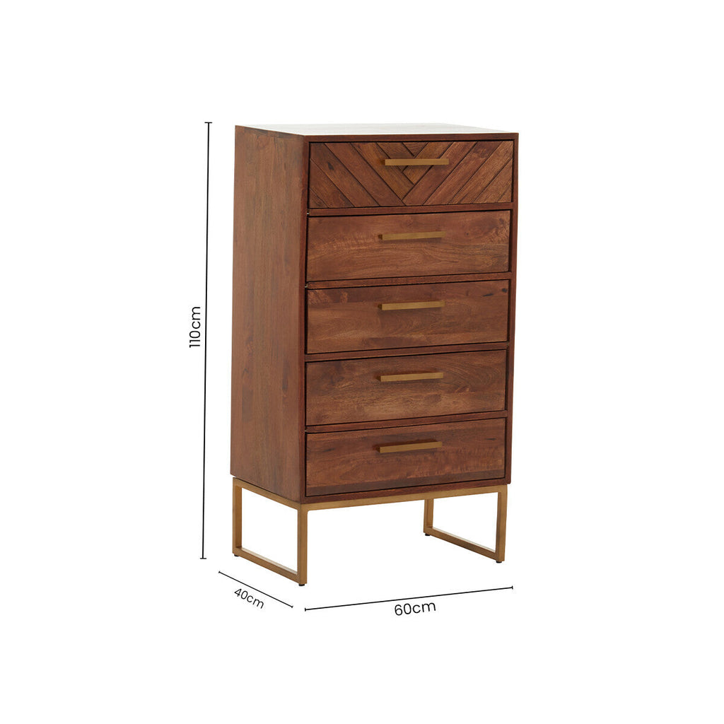 Orsina Gaya Mango Wood Chest of 5 Drawers – Boho Tallboy Dresser