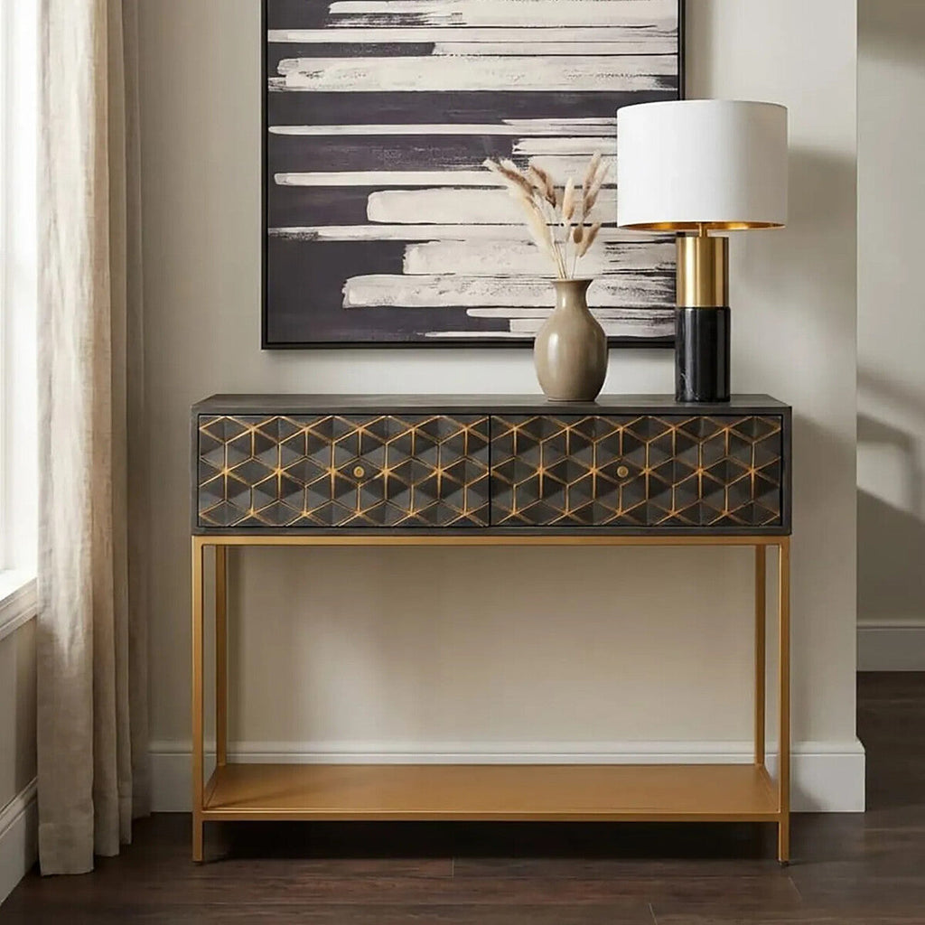 Orsina Patna Grey Mango Wood Console Table with Gold Iron Frame
