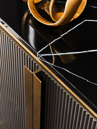 Orsina Dervio Grey 4-Door Sideboard | Black Marble Top & Gold Legs