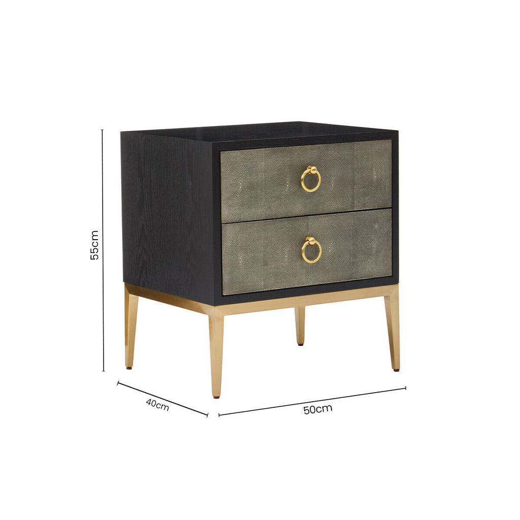 Orsina Deruta Grey Shagreen 2-Drawer Side Table with Gold Legs