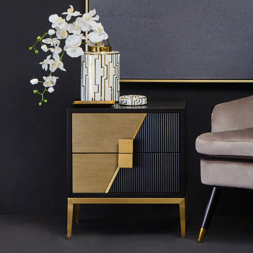 Orsina Davoli 2-Drawer Side Table – Black and Gold Modern Nightstand