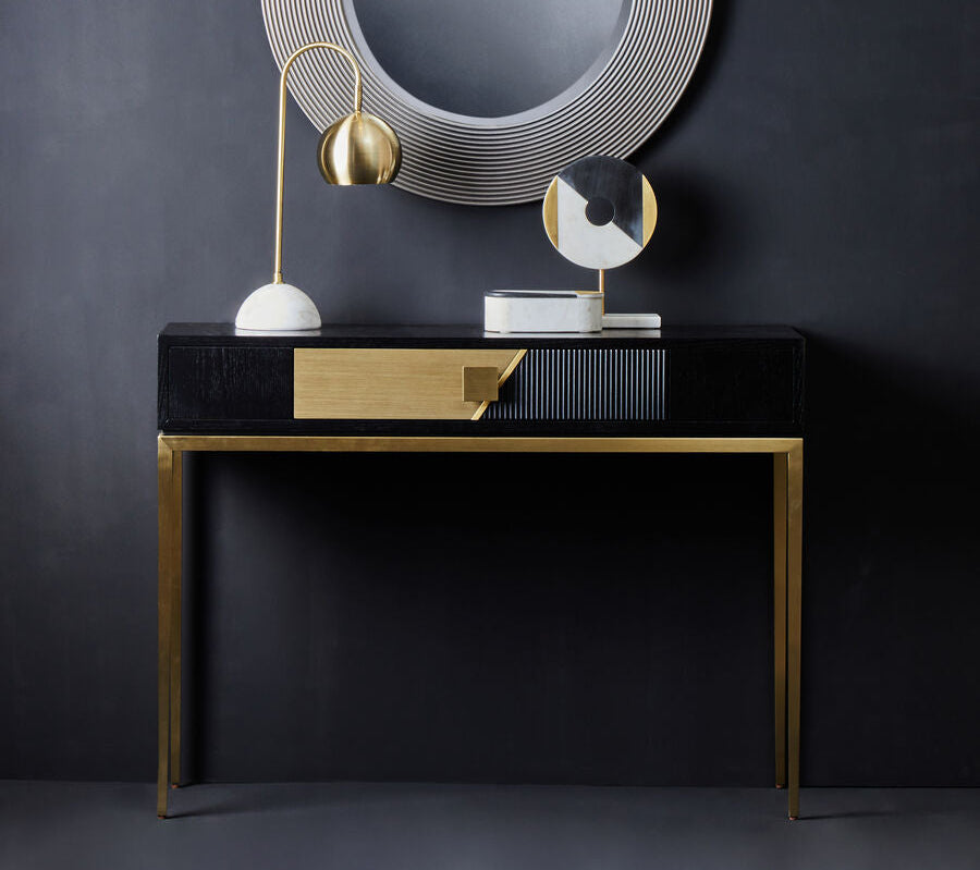 Orsina Davoli Console Table – Fluted Black and Gold with Drawer