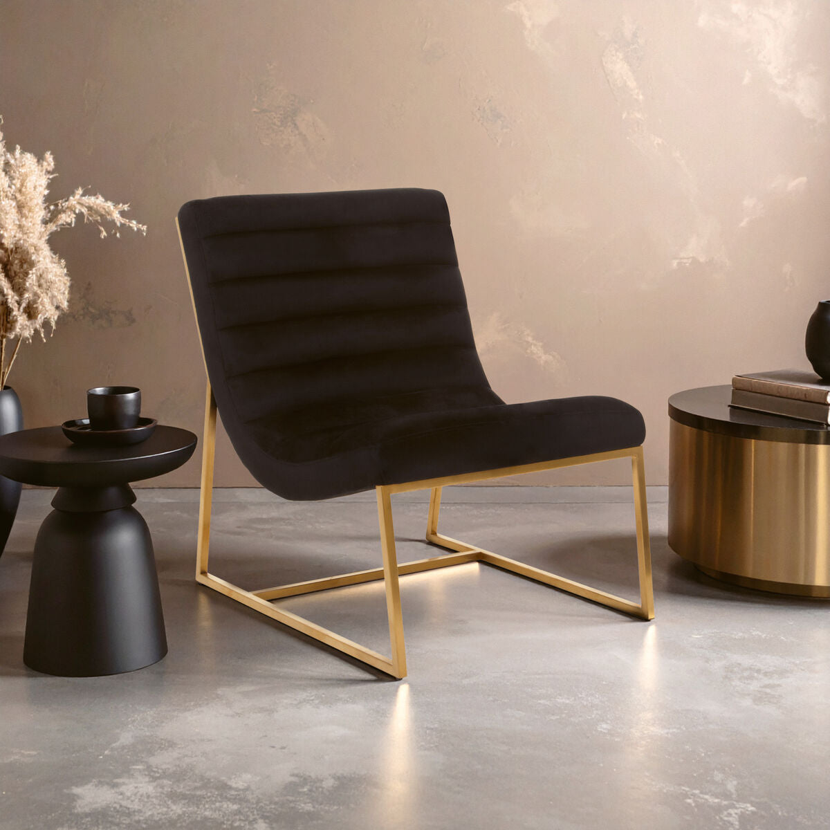 Orsina Black Velvet Lounge Chair | Art Deco Gold Metal Accent Chair