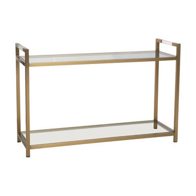 Orsina Matte Gold Stainless Steel Console Table with Clear Glass Shelf