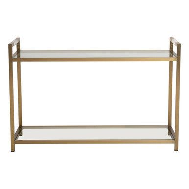 Orsina Matte Gold Stainless Steel Console Table with Clear Glass Shelf