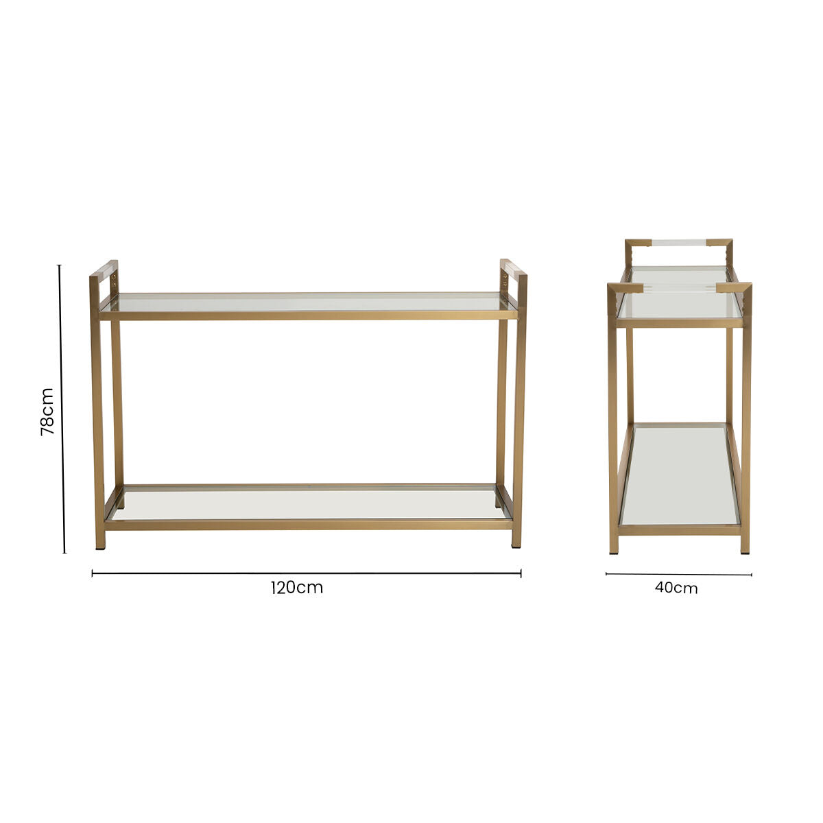 Orsina Matte Gold Stainless Steel Console Table with Clear Glass Shelf