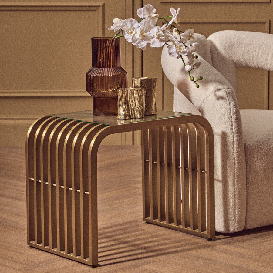 Orsina Matte Gold Slatted End Table | Art Deco Glass Side Table
