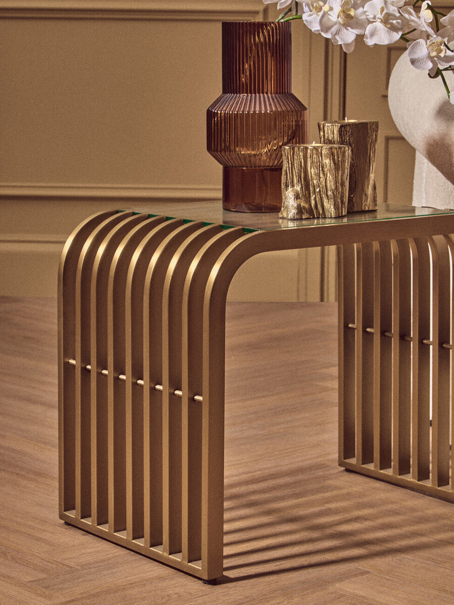 Orsina Matte Gold Slatted End Table | Art Deco Glass Side Table