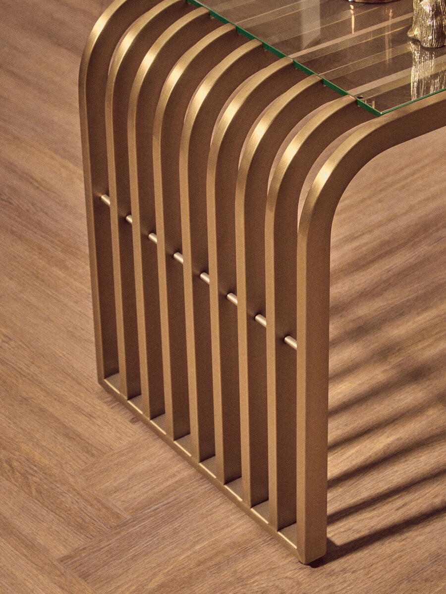 Orsina Matte Gold Slatted End Table | Art Deco Glass Side Table