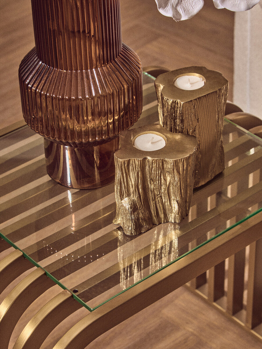 Orsina Matte Gold Slatted End Table | Art Deco Glass Side Table
