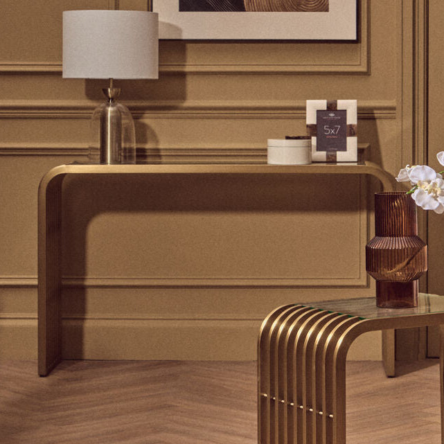 Orsina Vogue Matte Gold Slatted Console Table with Glass Top