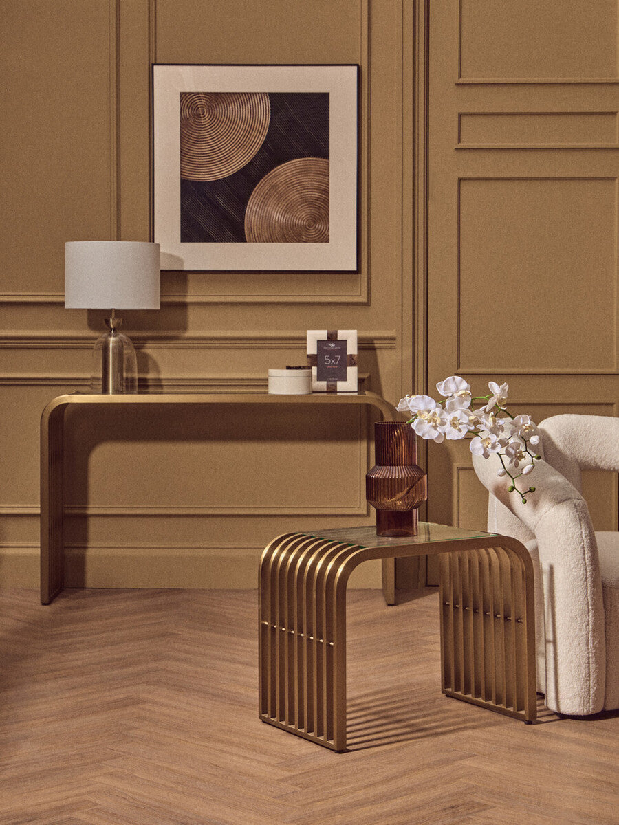 Orsina Vogue Matte Gold Slatted Console Table with Glass Top
