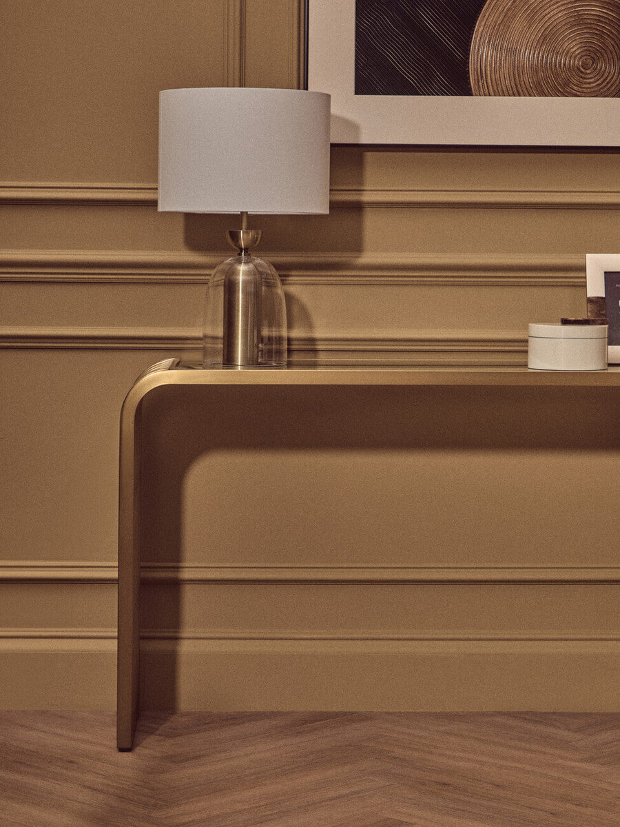 Orsina Vogue Matte Gold Slatted Console Table with Glass Top