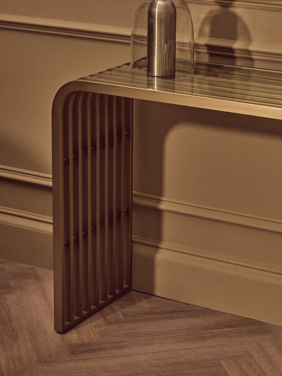 Orsina Vogue Matte Gold Slatted Console Table with Glass Top
