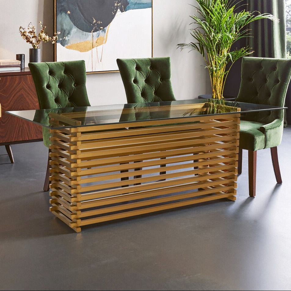 Orsina Vogue Rectangular Glass Dining Table | Matte Gold Stainless Steel