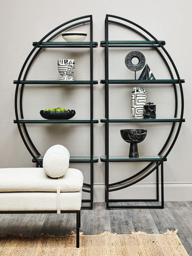 Orsina Left Half Moon Shelf Unit – Black Stainless Steel & Glass