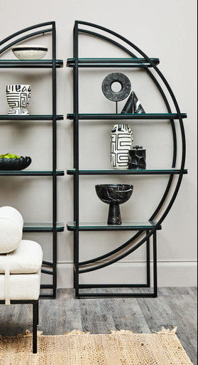 Orsina Right Half Moon Shelf Unit – Matte Black & Glass Art Deco Display