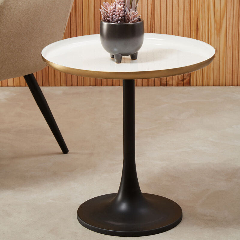 Orsina Corra White Marble Side Table – Round Top with Column Base