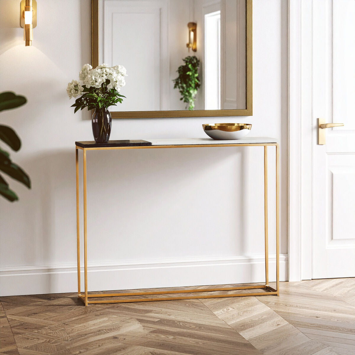 Orsina Corra Marble Console Table – Black & White with Gold Frame