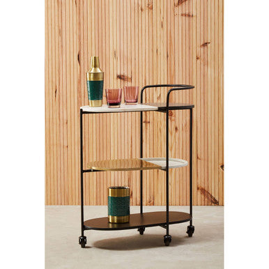 Orsina Corra 3 Tier Marble Serving Trolley | Black & White Bar Cart