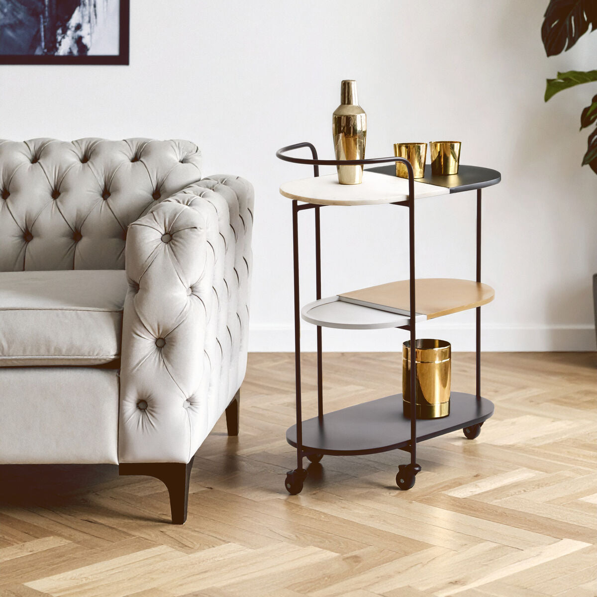 Orsina Corra 3 Tier Marble Serving Trolley | Black & White Bar Cart