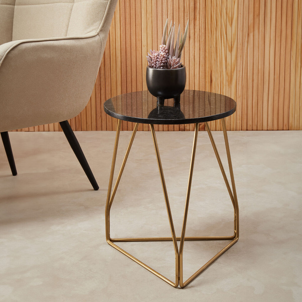 Orsina Corra Black Marble Side Table – Gold Geometric Sledge Base
