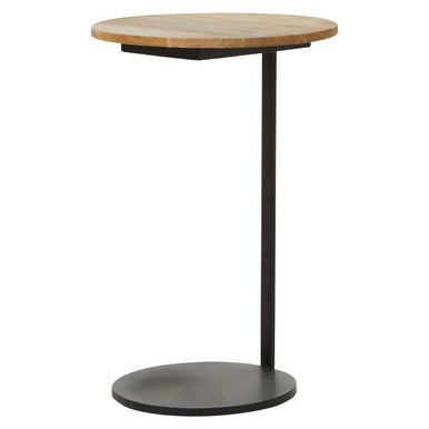 Orsina Corra C-Shaped Side Table – Round Wood Top & Black Metal Base
