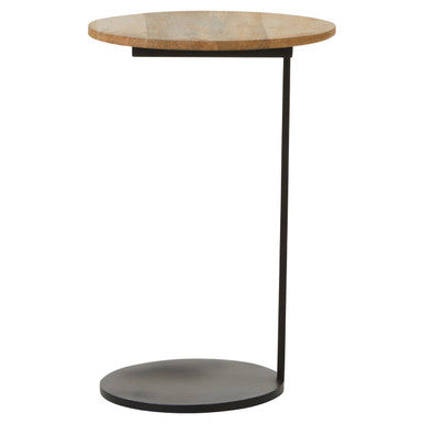 Orsina Corra C-Shaped Side Table – Round Wood Top & Black Metal Base