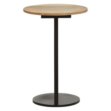 Orsina Corra C-Shaped Side Table – Round Wood Top & Black Metal Base
