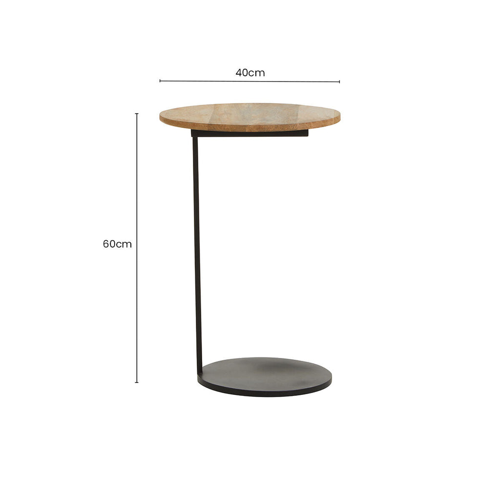 Orsina Corra C-Shaped Side Table – Round Wood Top & Black Metal Base