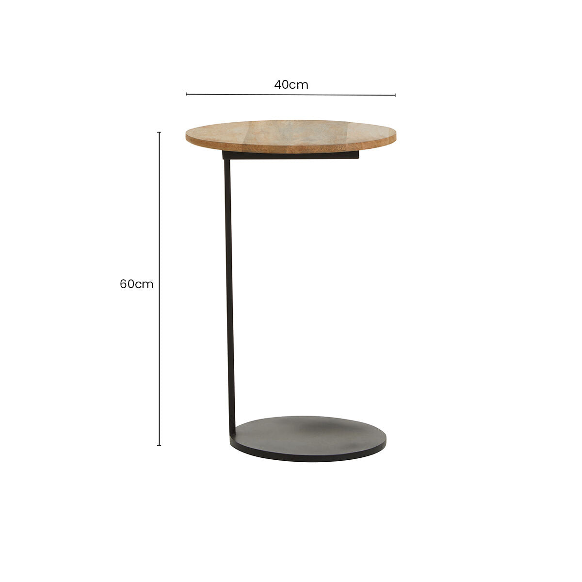 Orsina Corra C-Shaped Side Table – Round Wood Top & Black Metal Base