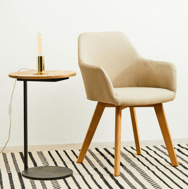 Orsina Corra C-Shaped Side Table – Round Wood Top & Black Metal Base