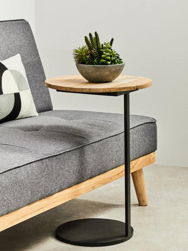 Orsina Corra C-Shaped Side Table – Round Wood Top & Black Metal Base