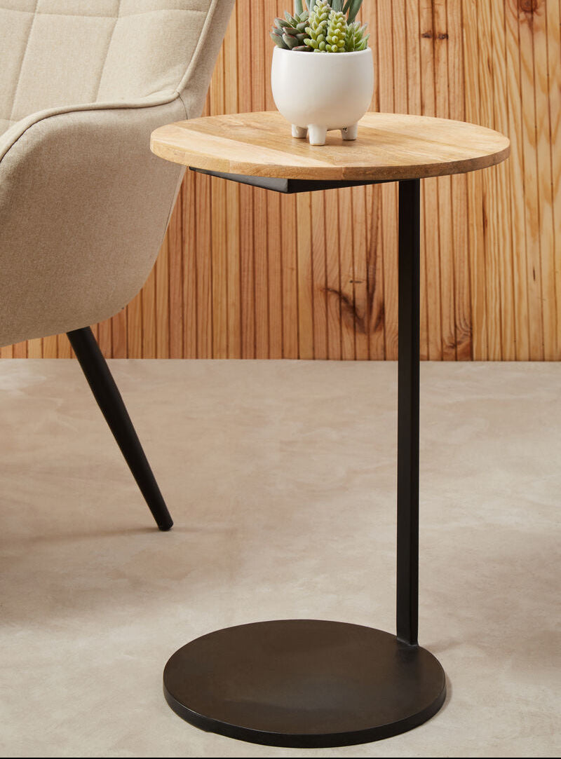 Orsina Corra C-Shaped Side Table – Round Wood Top & Black Metal Base