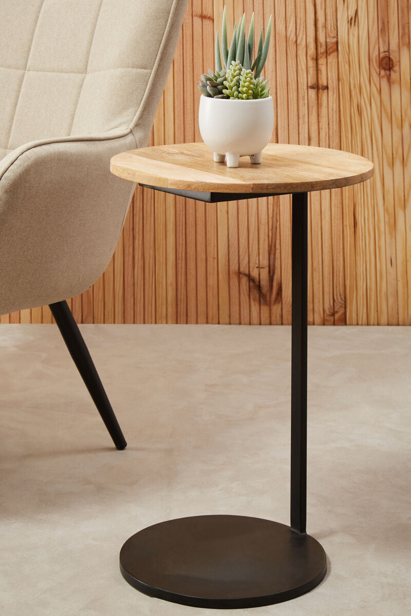 Orsina Corra C-Shaped Side Table – Round Wood Top & Black Metal Base