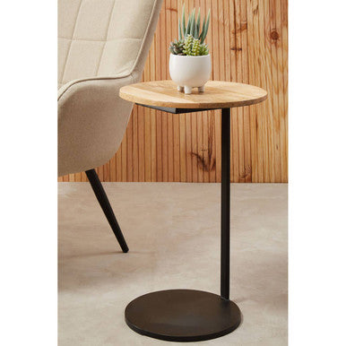 Orsina Corra C-Shaped Side Table – Round Wood Top & Black Metal Base