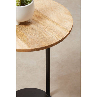 Orsina Corra C-Shaped Side Table – Round Wood Top & Black Metal Base