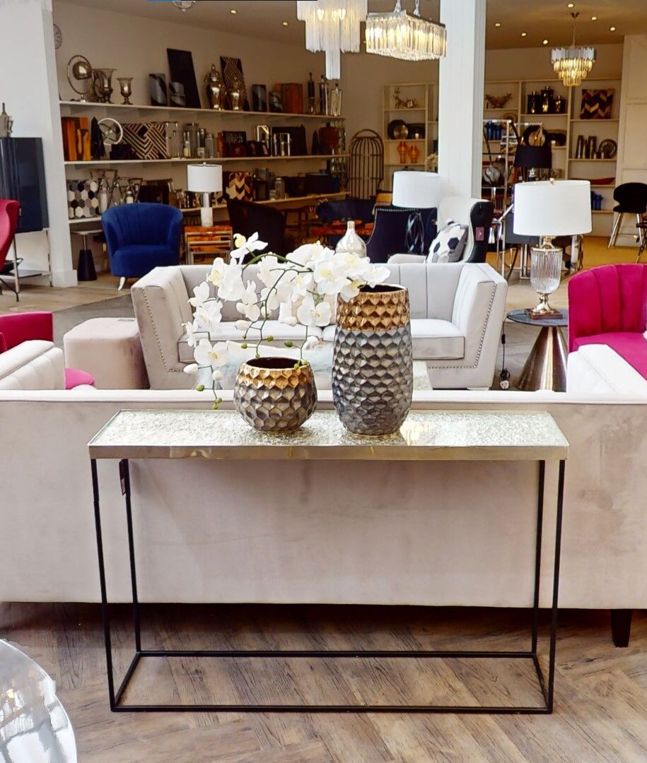 Orsina Akola Metallic Silver Console Table | Black Metal Legs