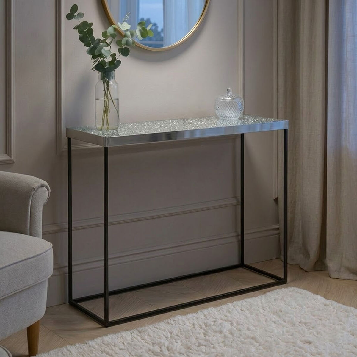 Orsina Akola Metallic Silver Console Table | Black Metal Legs