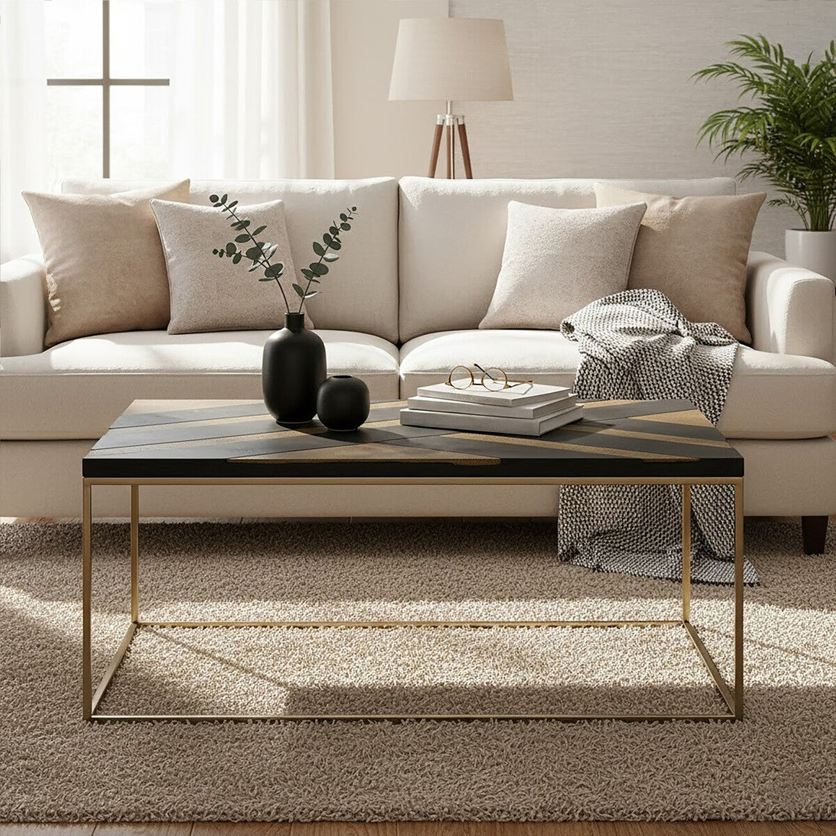 Orsina Aris Black and Gold Striped Acacia Wood Coffee Table