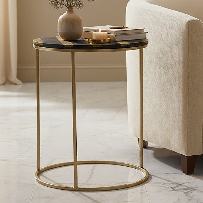 Orsina Aris Black and Gold Acacia Wood Round Side Table – Metal Legs