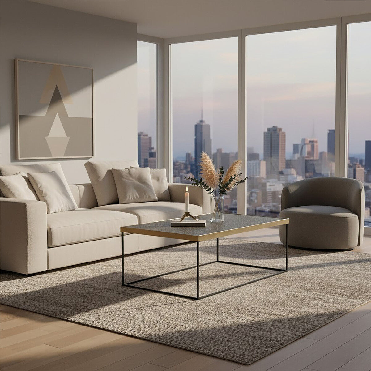 Orsina Akola Gold Coffee Table – Black Metal Interconnected Legs