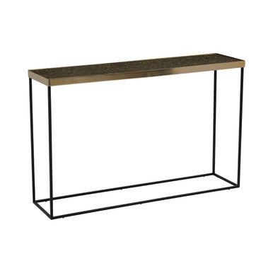 Orsina Akola Gold Console Table – Black Metal Interconnected Legs