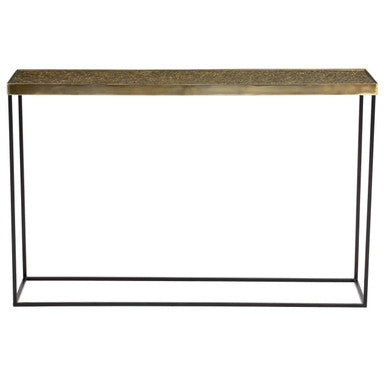 Orsina Akola Gold Console Table – Black Metal Interconnected Legs