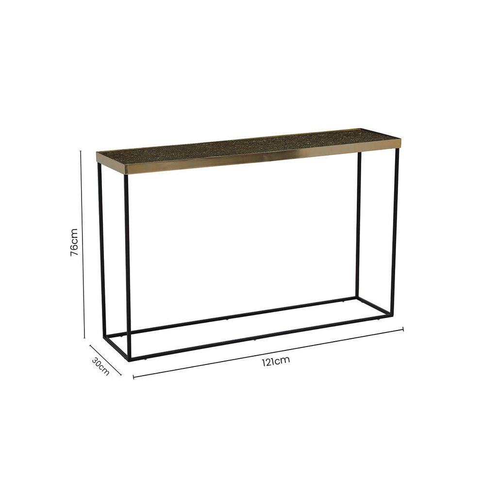 Orsina Akola Gold Console Table – Black Metal Interconnected Legs