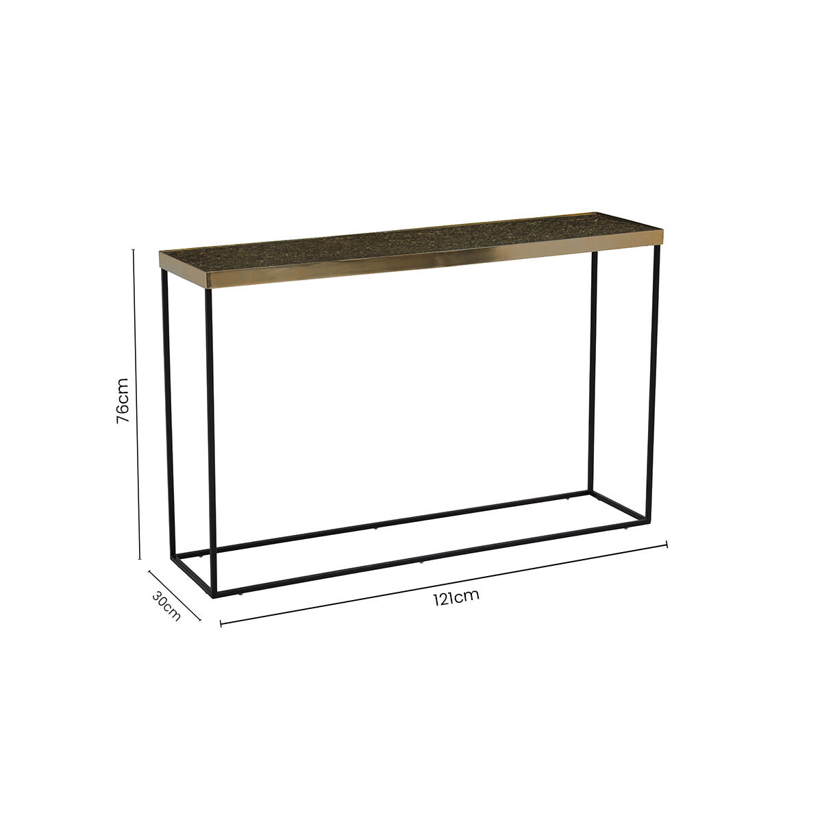 Orsina Akola Gold Console Table – Black Metal Interconnected Legs